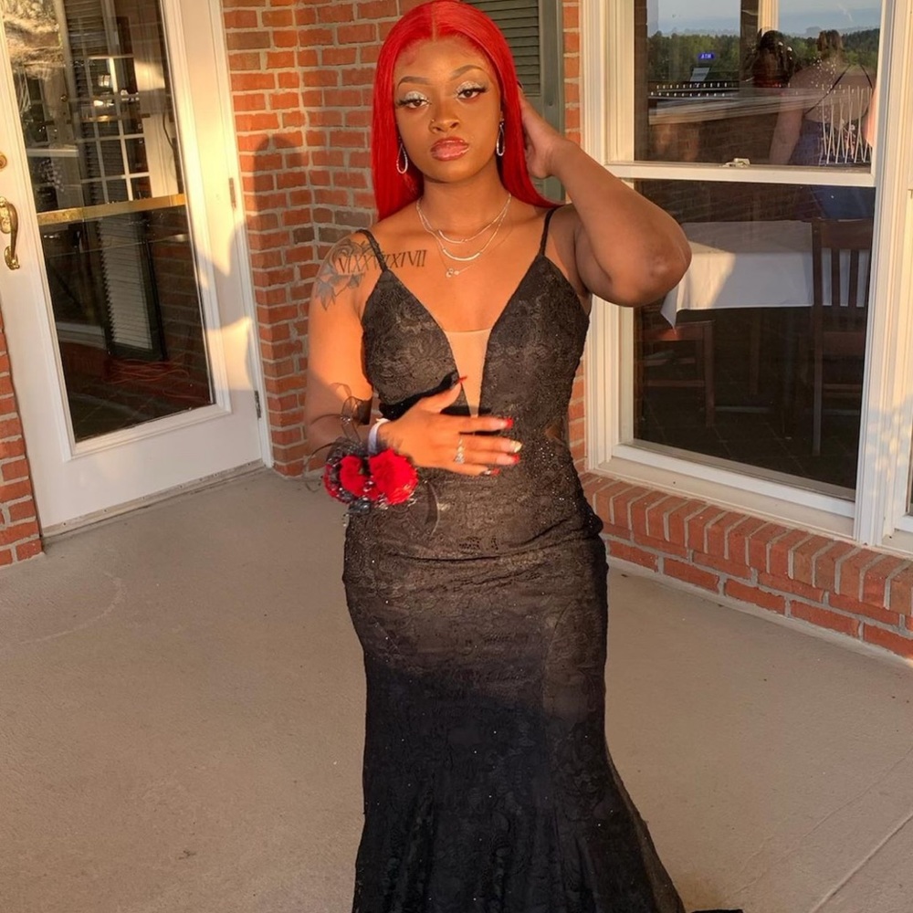 Black prom dress with mesh cleavage cover